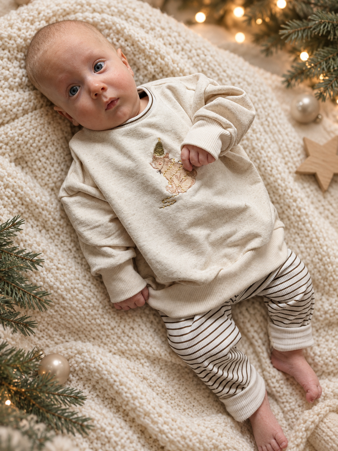 Handgenähter Weihnachtssweater mit  Bären Stickerei